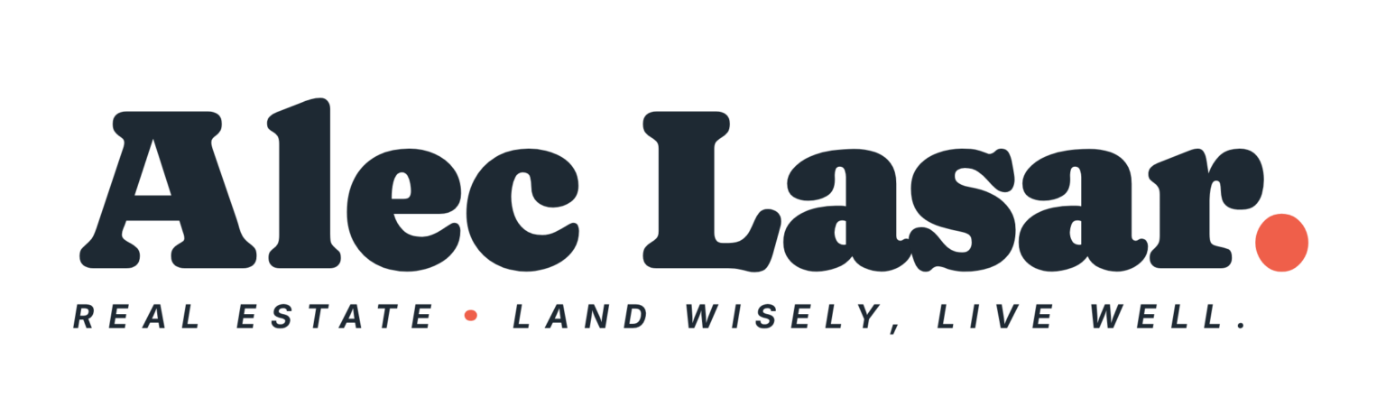 Alec Larson real estate logo in navy with a coral dot and the tagline 'Real Estate • Land Wisely, Live Well.'